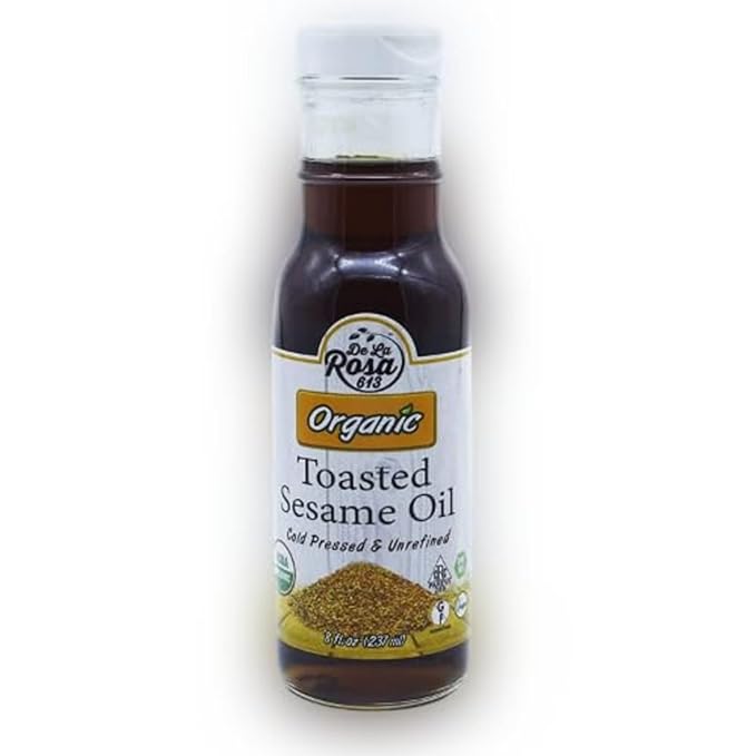 De La Rosa Toasted Sesame Oil Cold Pressed Organic Toasted Sesame Seeds Oil Vegan Non GMO &amp Gluten Free Pure Sesame Oil for Cooking Salad Dressing &amp Marinades 8oz (Pack of 1)