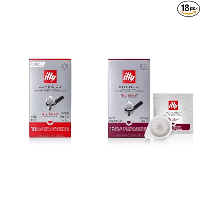 Bundle of Illy Coffee Single Serve Espresso Classico Medium Roast E.S.E. Pods 18 Count (Pack of 1) + Illy Intenso Bold Roast E.S.E. Pods 18 Count (Pack of 1)