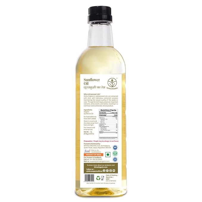 Shiva Organic Cold-Pressed Sunflower Oil - 100% Natural 1L (33.8 fl oz)) for Cooking and Health