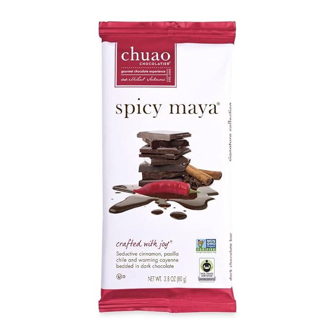 Chuao Chocolatier Spicy Maya Gourmet Dark Chocolate Bars | Cinnamon Cayenne No Preservatives | For Gift Baskets Christmas Valentines Birthday Care Package | 12 Pack