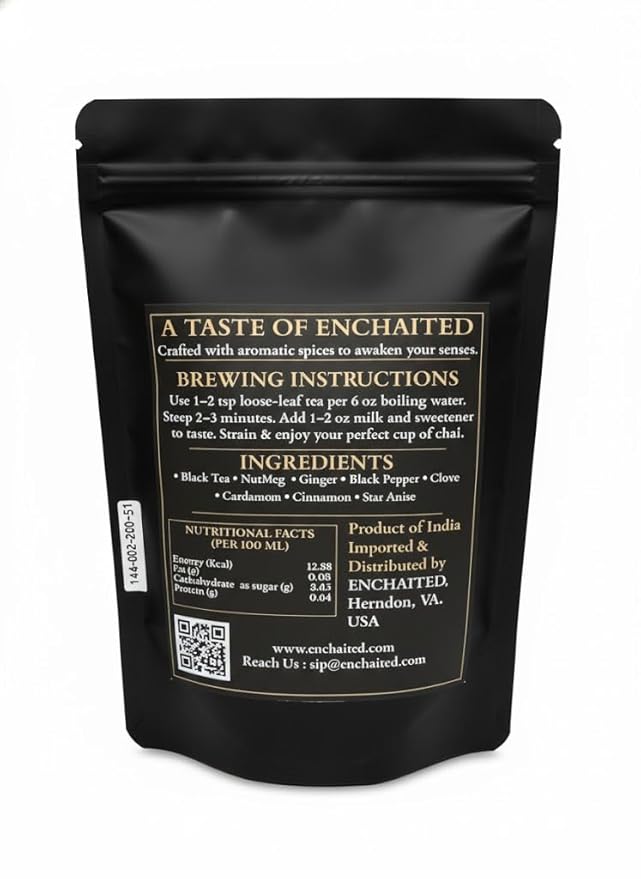 ENCHAITED Authentic Masala Chai Loose Leaf Tea - 100g | Bold Coffee Alternative for Morning Energy | Makes 20-40 Cups | Premium Assam Black Tea with 7 Real Indian Spices | Traditional Masala Chai Blen
