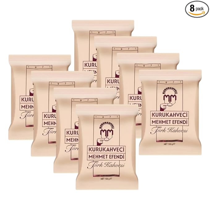 KURUKAHVECI MEHMET EFENDI Turkish Coffee Arabica Beans Roasted GroundRich Aroma Fresh Medium to Heavy-bodied Original Taste Since 1871 (3.52 OZ / 100 Gr) Pack of 8