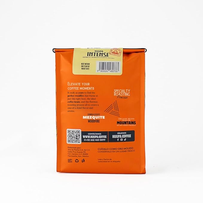 HUUPA Intense Wood-Fired Roasted Coffee 100% Arabica and Robusta Blend High Caffeine Dark Roast Ground Intense 16 oz