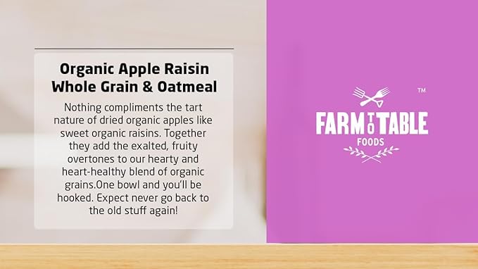 Farm to Table Foods Organic Apple Raisin Whole Grain Oatmeal – High Fiber &amp Protein All Natural - 20 lb. Bag