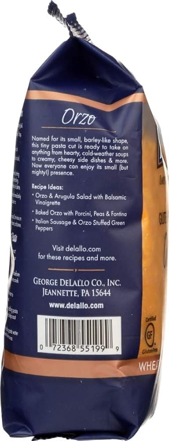 Delallo Gluten Free Orzo No.65 Pasta 12-12 Oz Packages