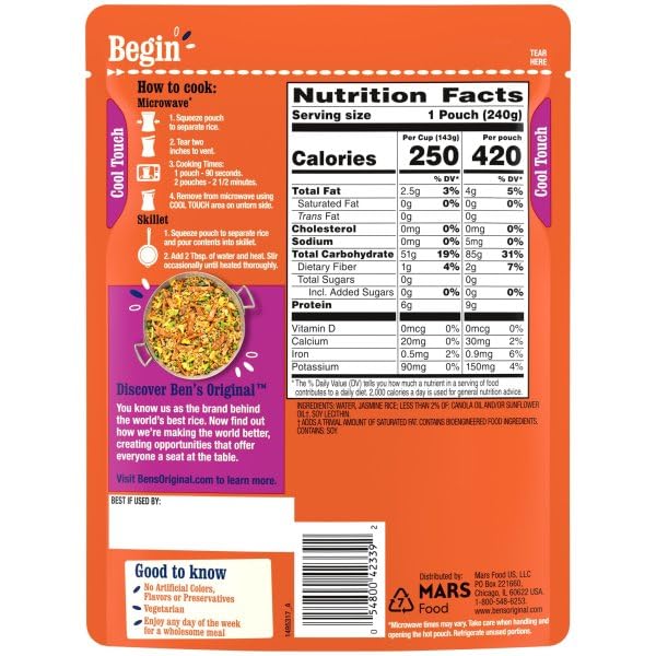 BEN'S ORIGINAL Ready Rice Jasmine Rice Easy Dinner Side 8.5 oz Pouch (Pack of 12)