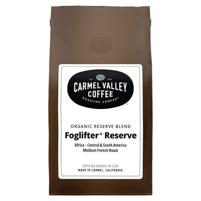 Carmel Valley Coffee Roasting Foglifter® Reserve – Whole Bean Organic Medium Dark Roast Coffee Connoisseur's Premium Blend Citrus Zest &amp Toffee Notes 12 Ounce Bag