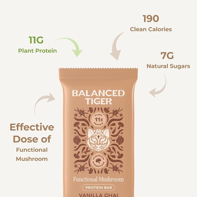 Functional Mushroom Vegan Protein Bars | Made in USA | Full Dose Lions Mane Shitake Reishi &amp Maitake Bars | Plant Protein Bars w/Adaptogens &amp Superfoods | Vanilla Chai Flavor