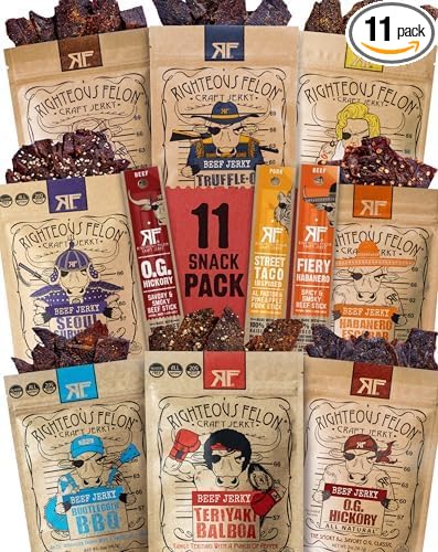 Righteous Felon Beef Jerky &amp Meat Sticks Variety Pack | Gluten Free Beef Jerky Snack Packs for Adults | High Protein Keto Low Sugar | Made with Premium Meats | Gifts for Men | 11 Pack Sampler