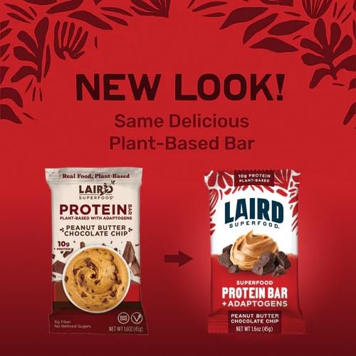 Laird Superfood Functional Protein Bars – Protein Bar but Better with Real Ingredients Functional Mushrooms 10g Plant-Based Protein 6g Fiber - Non-GMO - Peanut Butter Chocolate Chip 10 Count (Pack