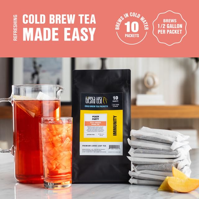 Tiesta Tea - Peach Party Cold Brew Peach Hibiscus Herbal Tea Premium Loose Leaf Blend Non Caffeinated Cold Brew Packets Makes 64 oz of Pitcher Per Bag (Pack of 10)