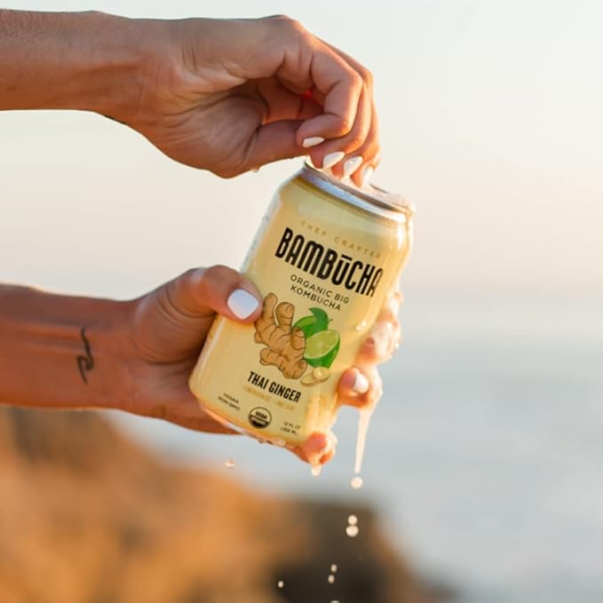 Bambucha Kombucha Thai Ginger 12 Pack Case | Chef Crafted Flavor 100% Raw Kombucha Tea Drink | Organic Vegan Gluten Free Non GMO Probiotic (12 Fl Oz Cans)