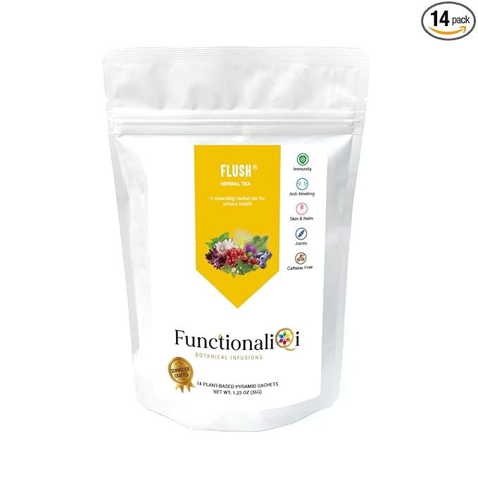 FunctionaliQi Flush Herbal Tea for Urinary Health - Marshmallow Root Milk Thistle Cornsilk and Goldenseal Hibiscus Blend with Nettles Cleansing Herbs and Cranberries (14 tea bags)