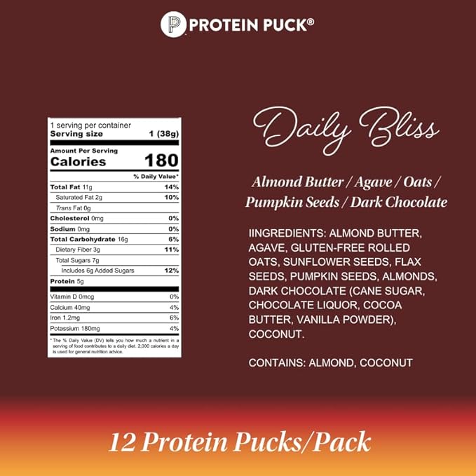 Protein Puck Bar Daily Bliss Almond Chocolate 2.25 oz (Pack of 16)