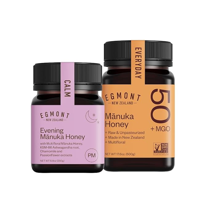 Egmont Everyday Wellness Duo – Raw Manuka Honey MGO 50+ (500g) &amp Night Honey with Ashwagandha (250g)