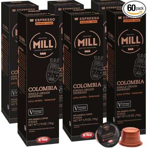 Mill Coffee Colombia Espresso K-fee® compatible with Starbucks Verismo* | 60 Count (6 boxes X 10 Pods) | Medium Roast Single Serve Espresso Pods (60)
