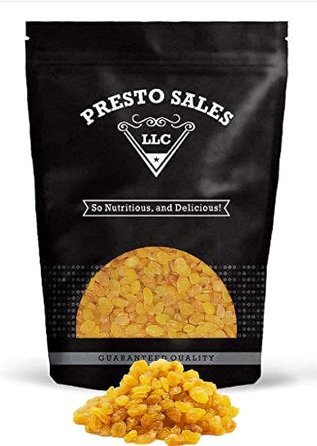 Raisins Crop year 2024 FRESH BRIGHT YELLOW Golden seedless Sun-Dried Naturally Sweet Nutritious Baking Cooking Snacking Garnishing Packed in a 3 lbs. (48 oz.) Resealable bag by Presto Sales