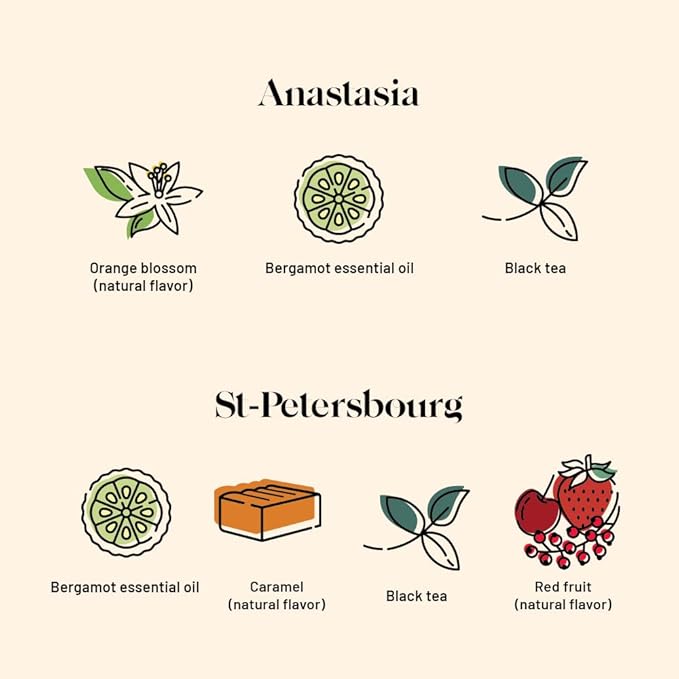 Kusmi Tea - Pack of 2 Boxes of Tea Bags - Anastasia + St. Petersburg - Organic Black Tea with Bergamot + Organic Black Tea with Red Fruits Caramel Vanilla and Bergamot - 2x20 Tea Bags