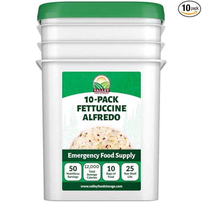 Valley Food Storage Fettuccine Alfredo | 10-Bag Bucket 50 Servings | Premium Emergency Food Supply 25 Year Shelf Life | Survival Meal Kits Prepper Food Camping &amp Long Term Food Storage | Packa