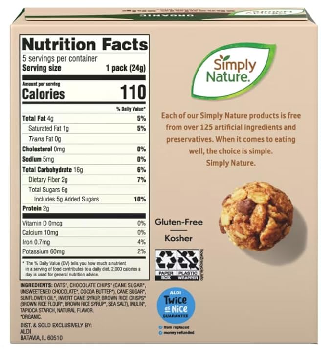 Simply Nature Gluten-Free Kosher NON-GMO Organic Chocolate Chip Granola Bites 4.23oz /120g X 2 (Two Boxes)