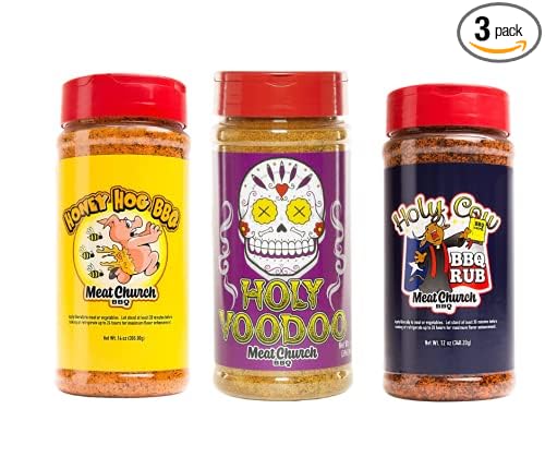 Meat Church BBQ Rub Combo: Honey Hog (14 oz)  Holy Voodoo (14oz) and Holy Cow (12 oz) BBQ Rub and Seasoning for Meat and Vegetables Gluten Free One Bottle of Each