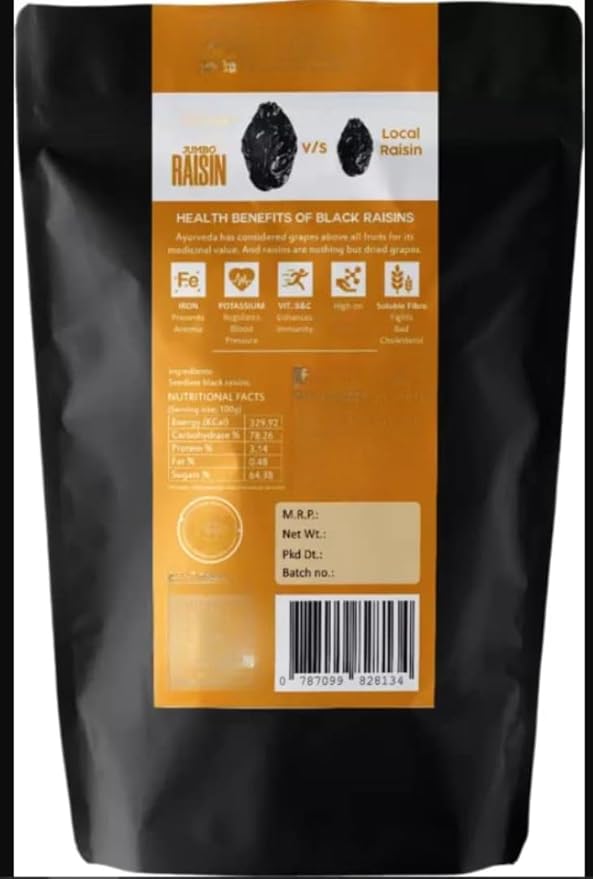 Premium Seedless Black Raisins Kali Kishmish Indian Large Size Munakka Dry Fruits Jumbo Black Raisins are High in Antioxidants Natural Source of Vitamin B12-200gms