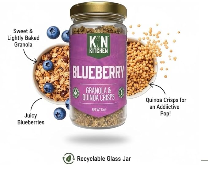 Kin Kitchen non-GMO Granola &amp Organic Quinoa Crisps in a Glass Jar Recyclable and Resusable. Made with Real Fruit. No Artificial Colors Flavors or Perservatives. Great for Snacking Cereal on