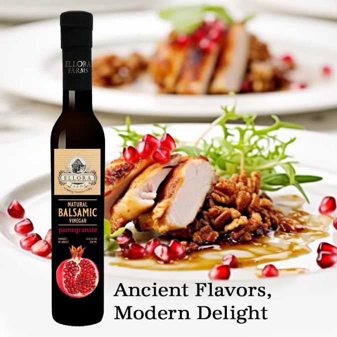 Ellora Farms Pomegranate Infused Thick Aged Balsamic Vinegar No-Added Sugar No-Preservatives Real Fruit Glass Bottle 8.45 oz.