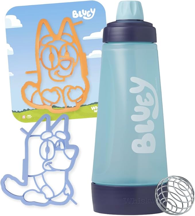 Whiskware Bluey Pancake Art Kit 1 Batter Bottle 2 Silicone Bluey and Bingo Pancake Molds and 1 BlenderBall Wire Whisk Durable No-Mess Breakfast BPA Free Dishwasher Safe
