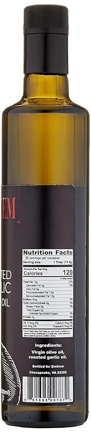 Emblem 100% Extra Virgin and Infused Olive Oil for Everyday Kitchen Use | Cold Extracted Cooking &amp Baking | Non GMO Keto Vegan Friendly 500ml (Roasted Garlic)