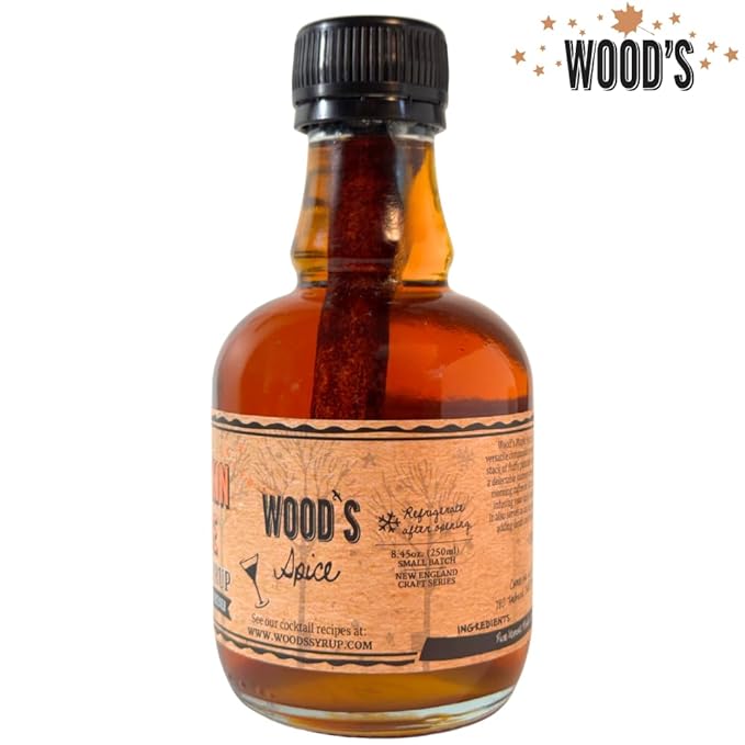 WOOD'S Pumpkin Spice Maple Syrup – Small-Batch Vermont Maple Syrup Infused with Cozy Fall Spices | Natural Vegan Sweetener for Coffee Pancakes Baking &amp More | 8.45 Fl Oz (250mL)