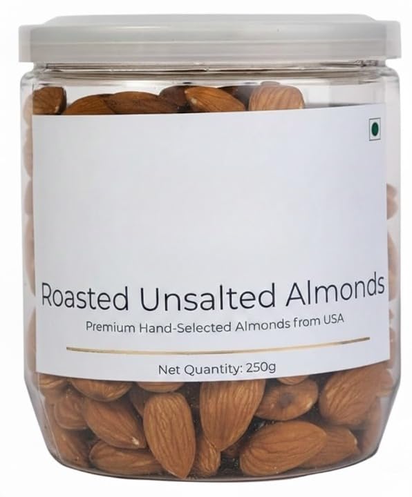 Roasted Unsalted Almonds 250g | No Salt | No Oil Used | Dry Roasted To Perfection | No Preservatives | No Artificial Flavors | Gluten Free | Vegan | Non GMO | Nuts Dry Fruits | Badam