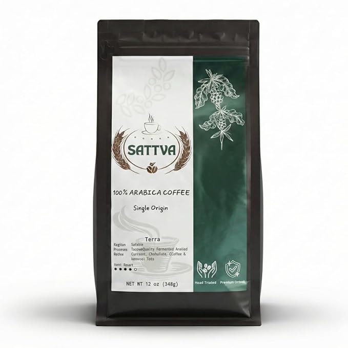 Sattva Coffee Terra Low Acid Dark Roast Whole Bean Coffee 100% Arabica Beans with Caramel &amp Chocolate Notes Smooth Bold Flavor 12oz Fresh Roasted