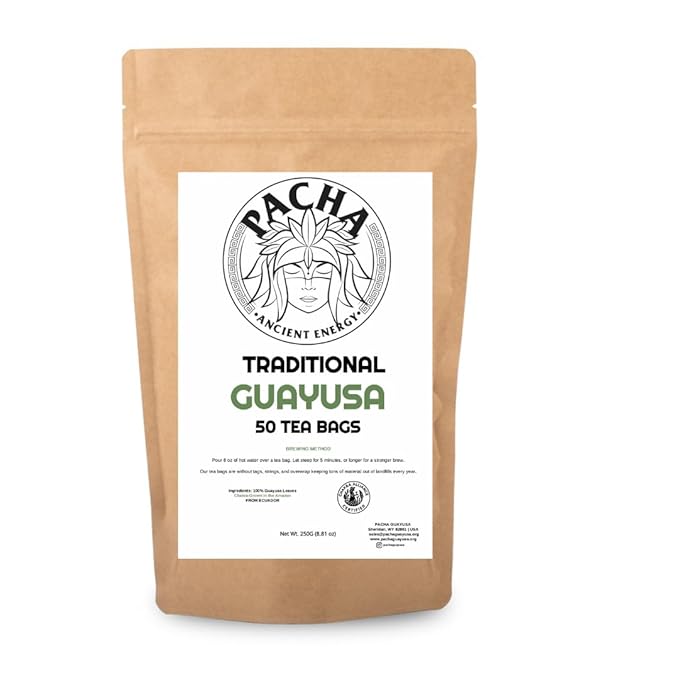 GUAYUSA TEA BAGS by PACHA | Naturally High in Antioxidants L-Theanine &amp Theobromine | Sustained Energy Herbal Tea | Alternative to Yerba Mate Coffee Black and Green Tea. (50 Count Guayusa)