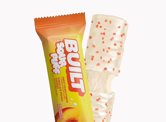 BUILT Bar Sour Puff Protein Bars - Sweet Peach Punch - 16g Protein Snack Bars with Collagen - Calorie Conscious &amp Gluten Free - 12 Count