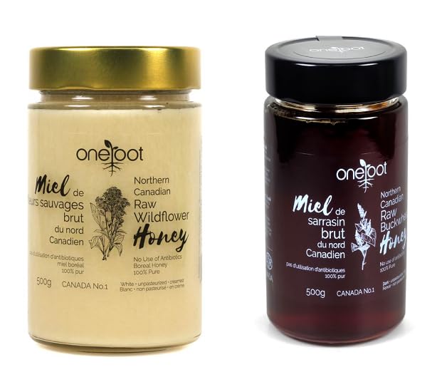 OneRoot Raw Honey Bundle – 500g Buckwheat &amp 1.1 lbs Canadian Wildflower Honey – Unheated &amp Nutrient-Rich – Antioxidant-Packed Natural Sweeteners