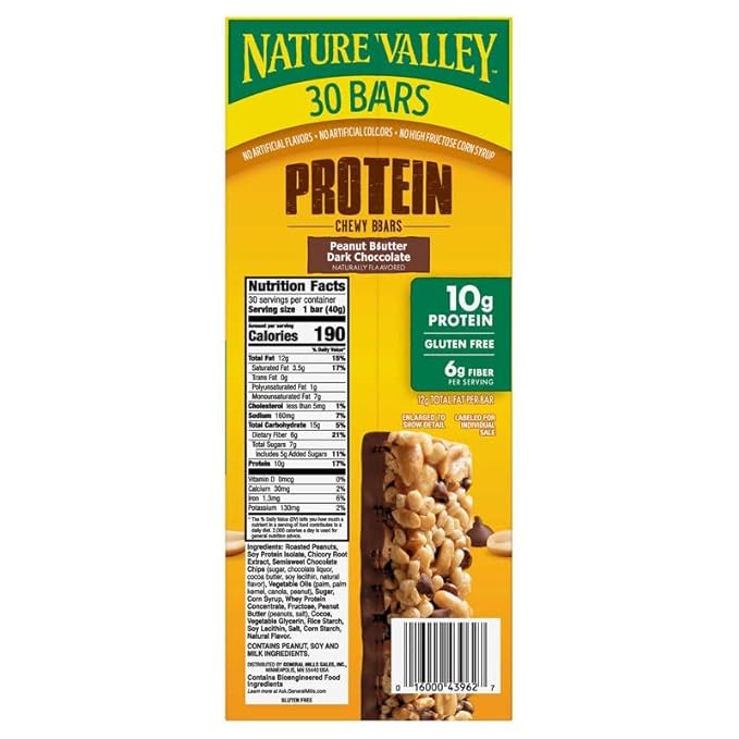 Gluten-Free Protein Bars Peanut Butter Dark Chocolate 30-Pack Compatible with Nature Valley