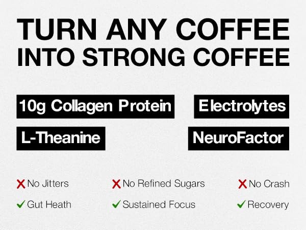 Strong Coffee Co. Coffee Booster | 10g Collagen Coffee Protein with Nootropics &amp Adaptogens NeuroFactor® Ashwagandha L-Theanine &amp Electrolytes for Focus &amp Balanced Energy | 15 Packets