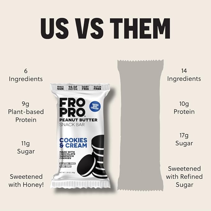 FROPRO Snack Bar - Peanut Butter Snack Bars - Gluten Free Dairy Free Non GMO Plant Based Protein Snacks Bar - Crave-worthy &amp Great On-the-Go | Cookies and Cream 24 Pack