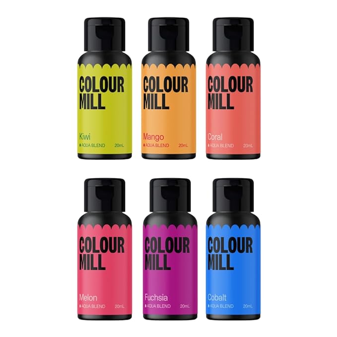 Colour Mill Tropical Pack Aqua Blend Water-Based Food Coloring 20 Milliliters Each of 6 Colors - Cobalt Coral Fuchsia Kiwi Mango and Melon