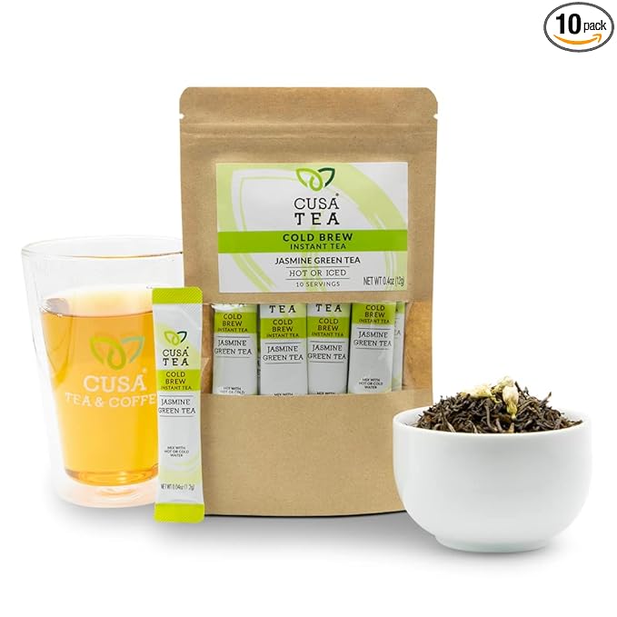 Cusa Tea &amp Coffee | Premium Instant Jasmine Green Tea With Real Fruit &amp Spices | Organic Leaves Drink Mix Packets | Hot or Iced Tea (10 Single Servings)