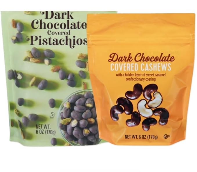 Dark Chocolate Covered Cashews and Dark Chocolate Covered Pistachio Chocolate Treat Snack 6 oz pack of 2 (2 Pack Pistachio and Cashews)