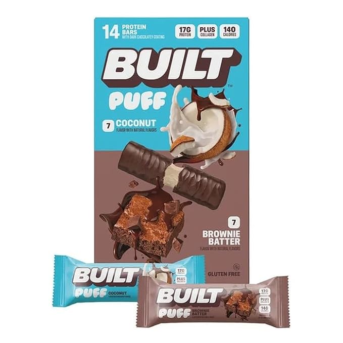 14 Pack Protein Bars 7 Coconut Flavor PUFF and 7 Brownie Batter 17g Protein Gluten Free 19.75 oz