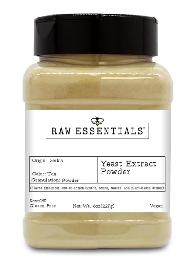Raw Essentials Yeast Extract Powder – Flavor Enhancer to Enrich Broths Soups Sauces and Plant Based Dishes – 8 Ounce Bottle