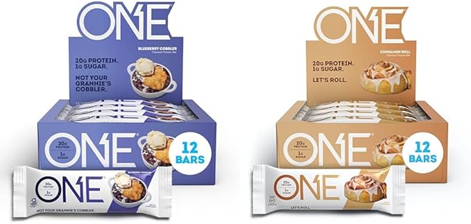 ONE Protein Bars Blueberry Cobbler Gluten Free Protein Bars with 20g Protein and only 1g Sugar &amp Protein Bars Cinnamon Roll Gluten Free Protein Bars with 20g Protein and Only 1g Sugar