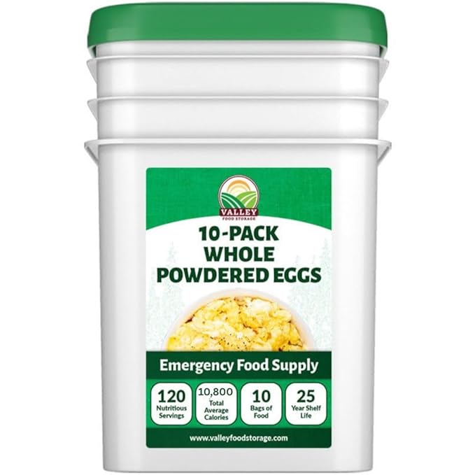 Valley Food Storage Freeze Dried Whole Powdered Eggs | 10-Bag Bucket 63.5 oz | Premium Emergency Food Supply 25 Year Shelf Life | Non-GMO Prepper Supplies Survival Food Camping &amp Off-Grid Livi