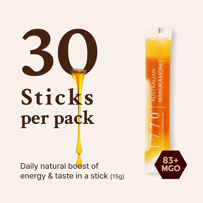 1770 Naturally Australian MGO 83+ Manuka Honey Sticks 30 x 15g Organic Honey for Tea Yogurt &amp Travel Snacks
