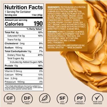 Laird Superfood Functional Protein Bars – Protein Bar but Better with Real Ingredients Functional Mushrooms 10g Plant-Based Protein 6g Fiber - Non-GMO - Peanut Butter 10 Count (Pack of 1)