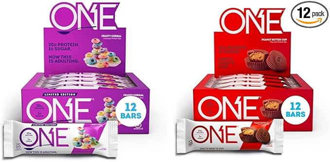 ONE Protein Bars Fruity Cereal Gluten Free Protein Bar with 20g Protein and only 1g Sugar &amp Protein Bars Peanut Butter Cup Gluten Free Protein Bar with 20g Protein and only 1g Sugar Snacking