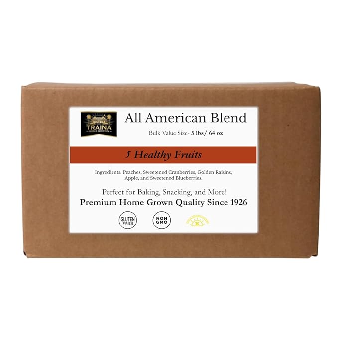 Traina Home GrownAll American Dried Fruit Blend - Peaches Sweetened Cranberries Golden Raisins Sweetened Blueberries Apples - Bulk 5 lb Case Non-GMO Gluten-Free- Dried Fruit for Bakeries Restau
